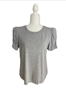 Filoro Crew Top Womens L Heather Gray Short Puff Sleeve Elevated Basic